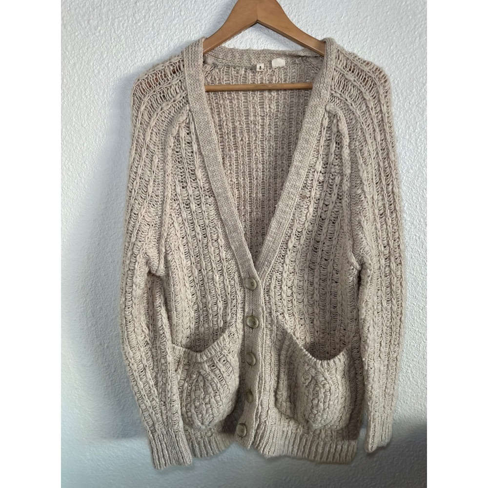 Moth Knit Cardigan Open Weave Beige Button Front‎ Pockets Sweater
